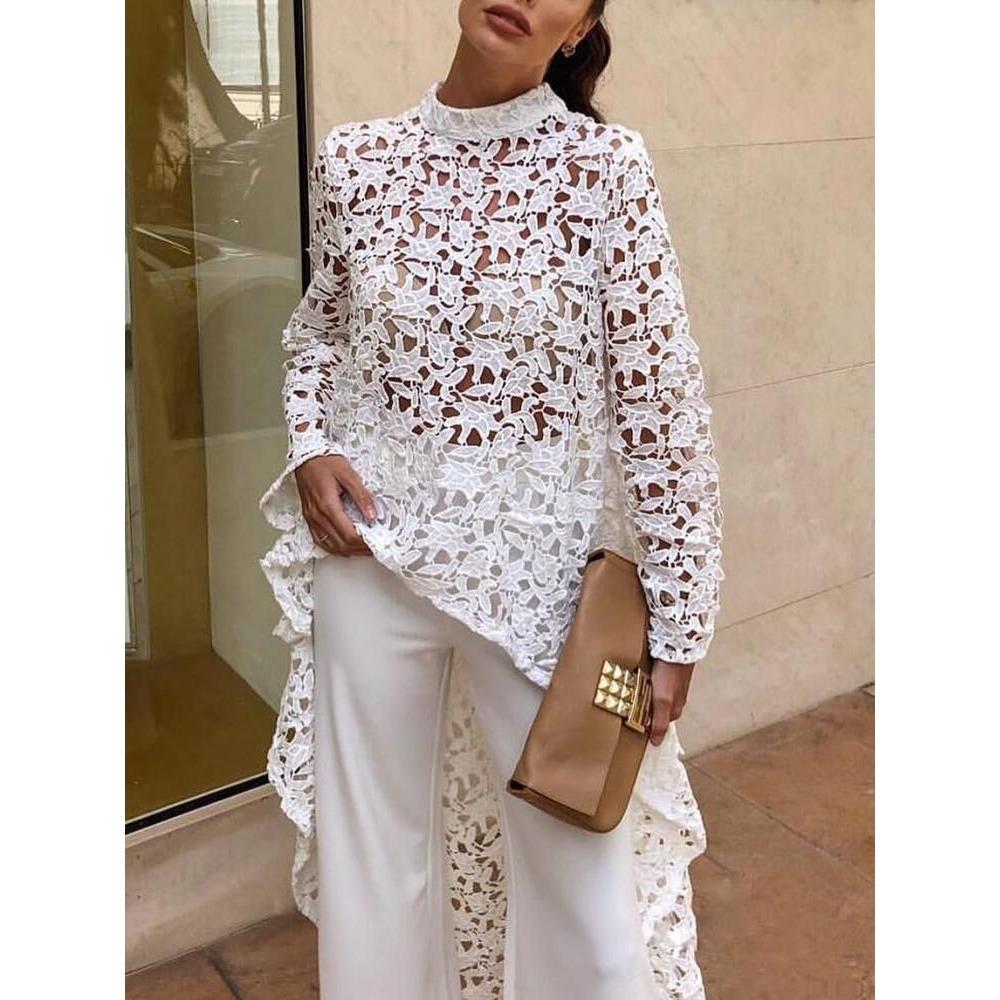 Women s High Neck Long Sleeve Lace High Low Asymmetrical Hem Blouse S белый