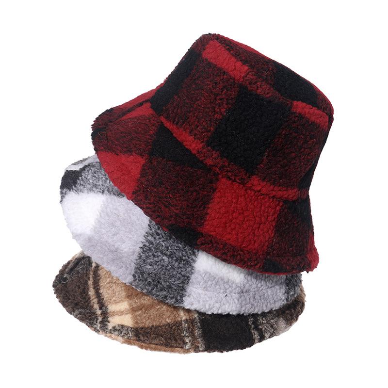 Basin hat British fashion plaid thermal hat versatile Internet celebrity lamb wool bucket hat autumn and winter