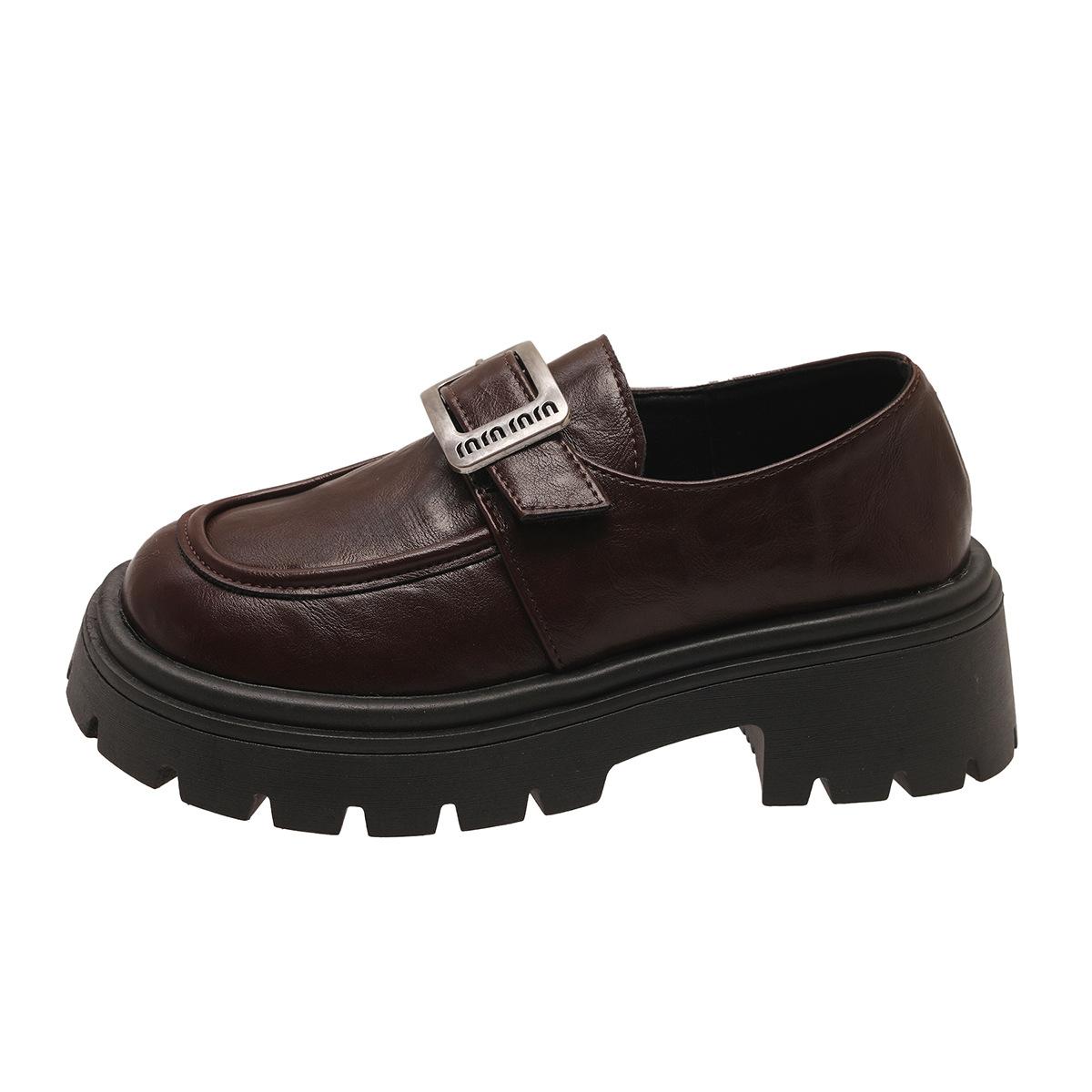 

New spring and autumn small leather shoes cover feet thick-soled round head versatile comfortable thick-heeled single shoes women s British style thic 40 коричневый