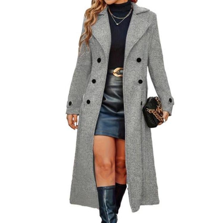 Casaco Peacoat Clássico de Lã com Lapela Notch Longa Casaco Trench Coat Feminino Casual Outono Inverno Sobrecasaco