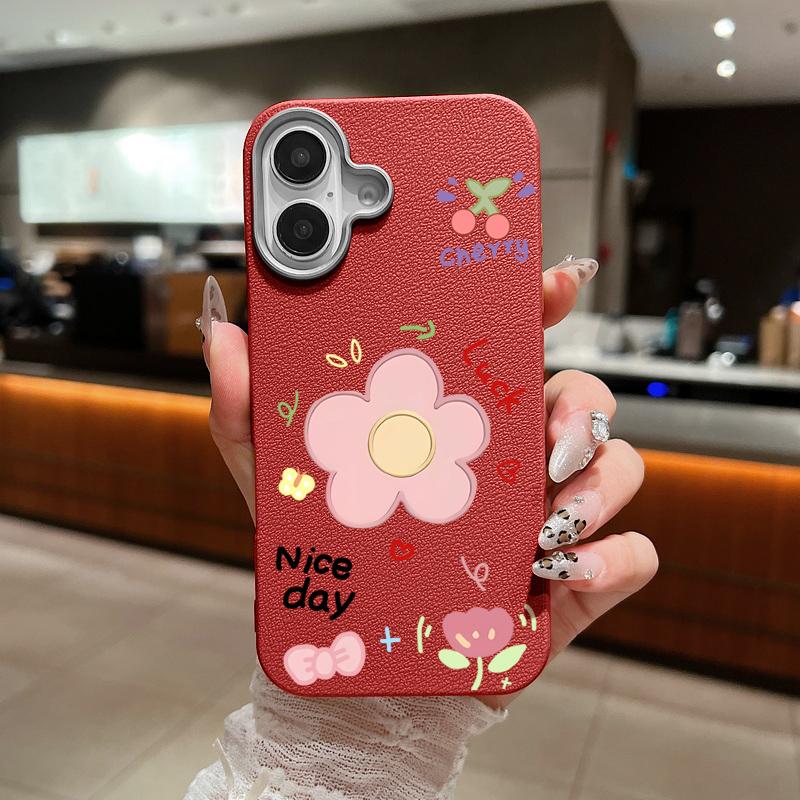 Cute Carton Flower Pattern Leather Texture Slim Soft Case For iPhone 16 Pro Max 15 14 Pro 13 12 11 Matte Lens Protection Shockproof TPU Phone Cover