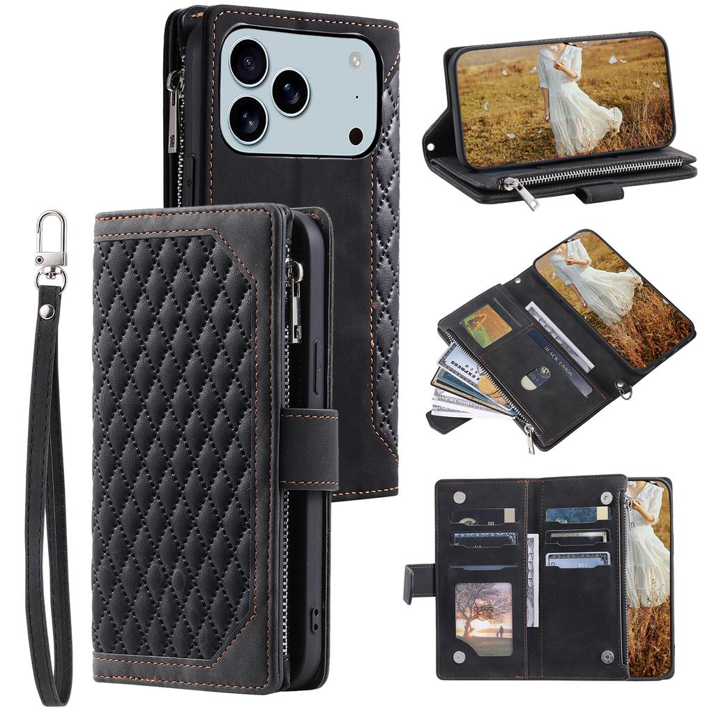 Pour iPhone 17 Pro Max Étui Portefeuille Ligne de Coutures Losanges Cuir PU Housse de Téléphone avec Dragonne