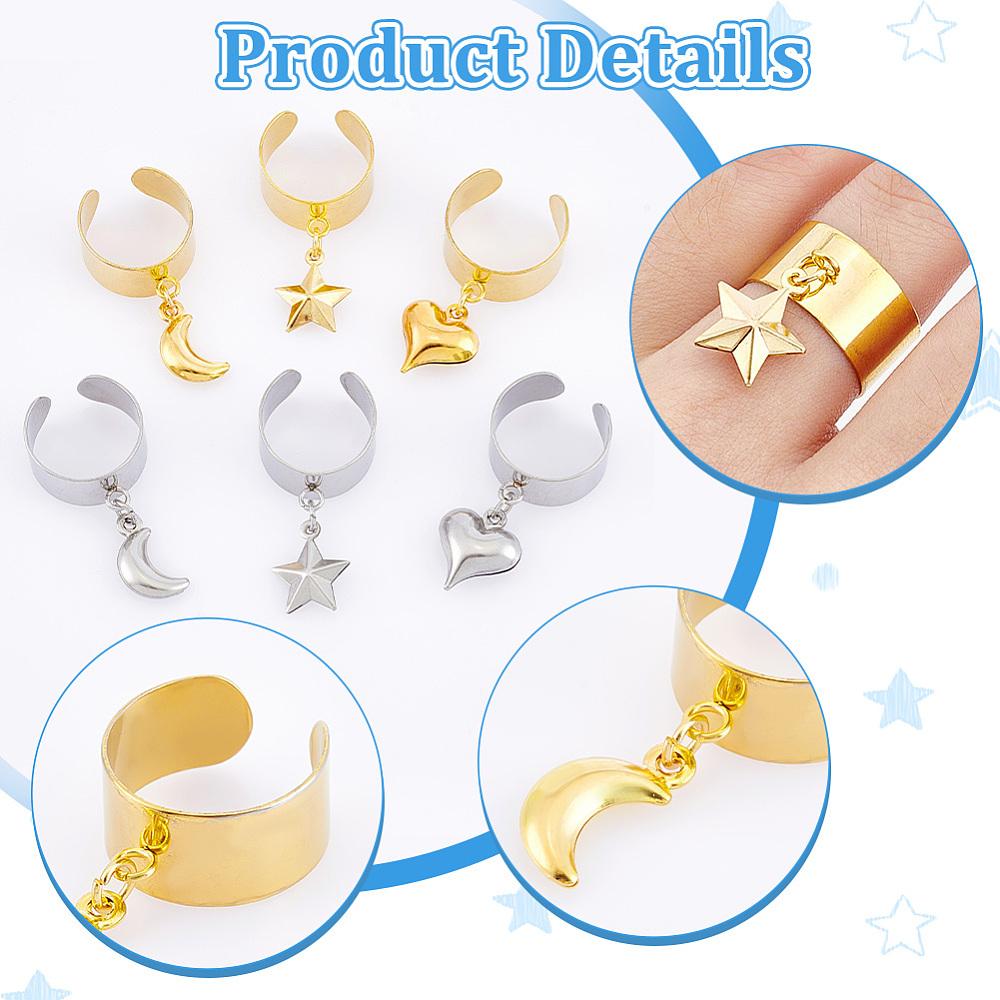 304 Stainless Steel Open Cuff Rings, with Star & Moon & Heart Pendant, Mixed Color, Adjustable, 6pcs/set