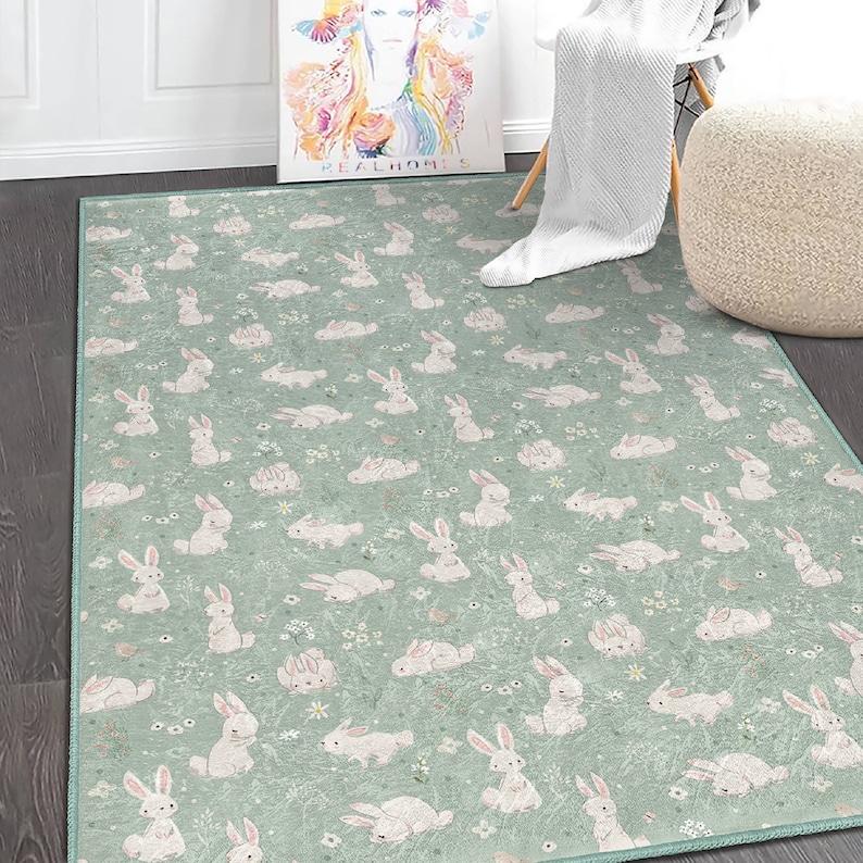 Bunny In The Forest Green Baby Room Rug Kids Room  Handmade Kid's Carpets Handmade Kids Room Rug Cute Rabbit Baby Rugs