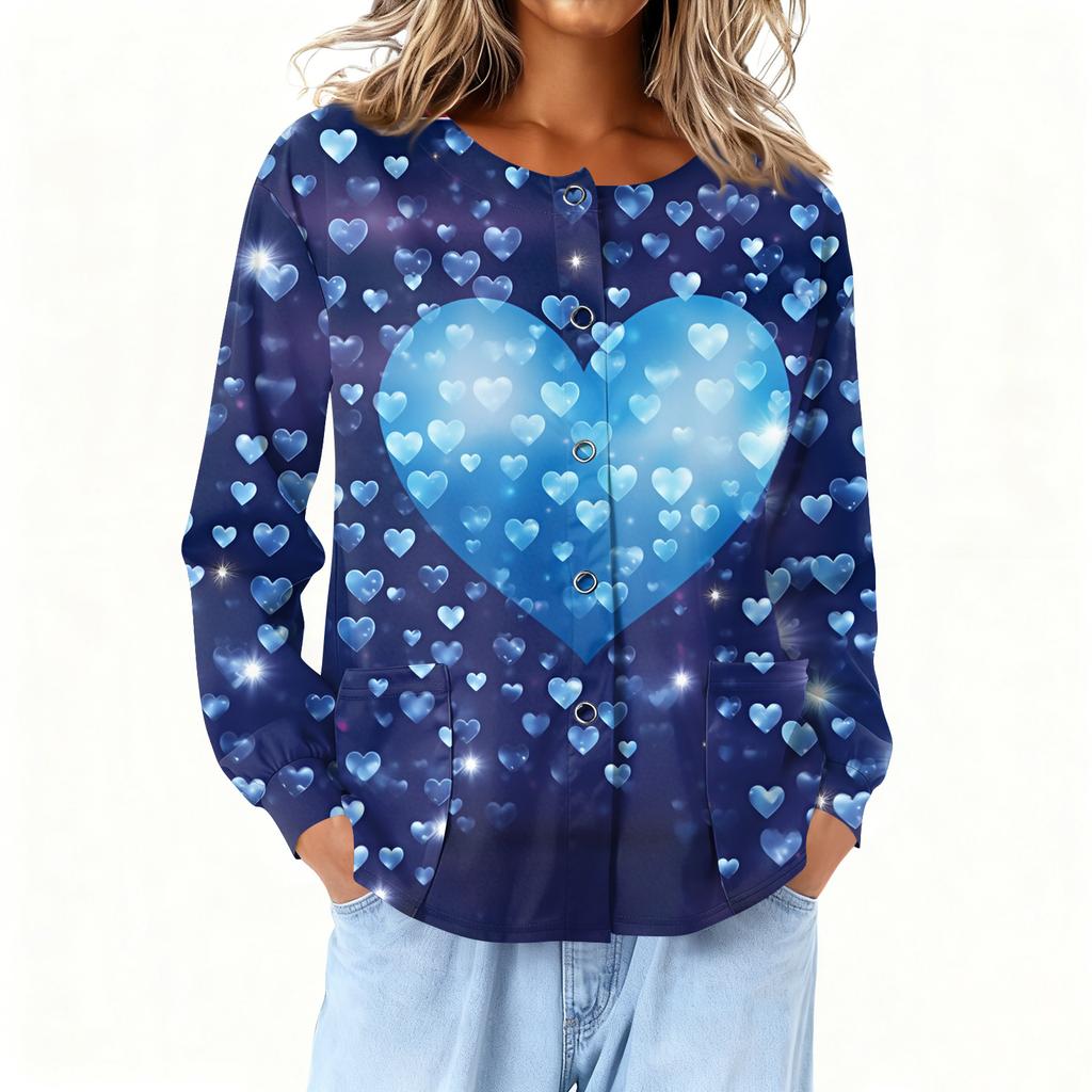 Women Long Sleeve Printed Pocket Working Stand Collar Single-breasted Protective Overalls Cardigan Jacket Top