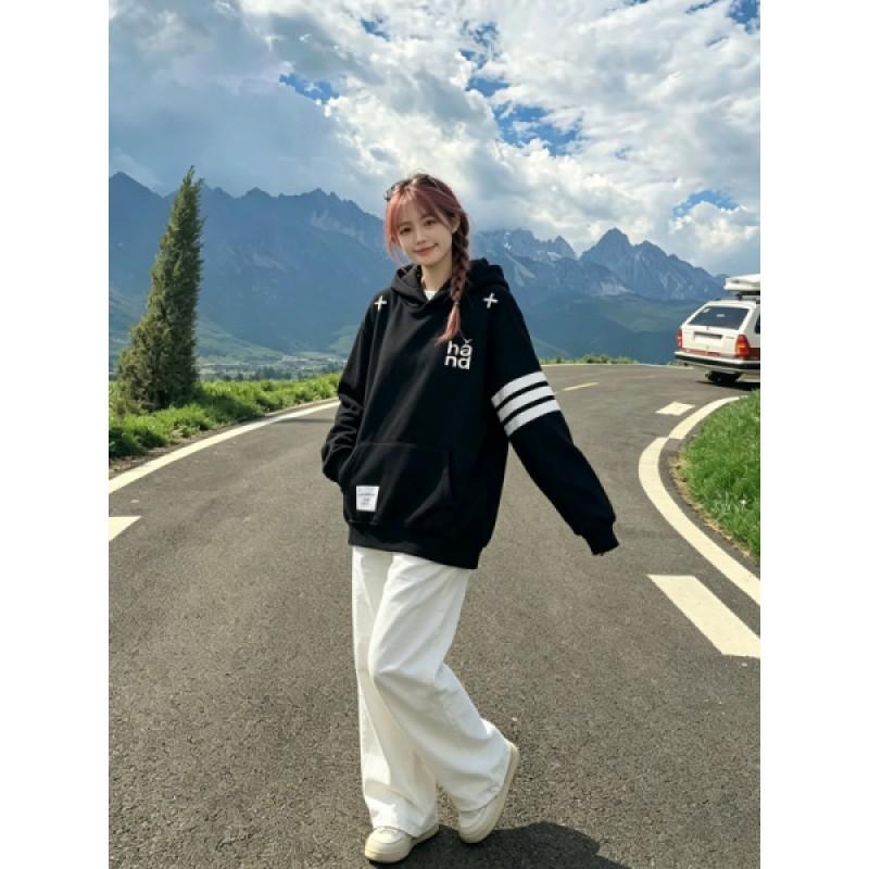 Vintage Striped Embroidered Letter Hoodie Loose Fit Streetwear Couples Top