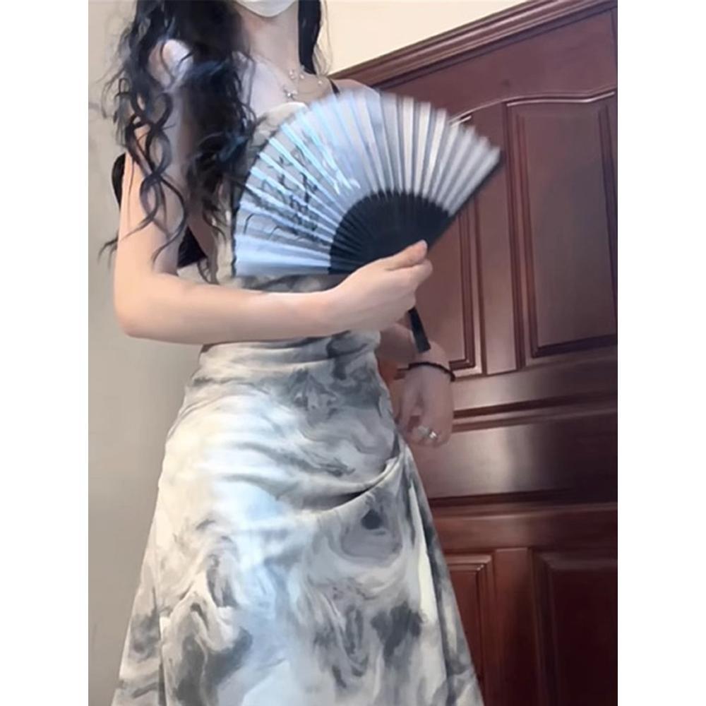 Ink painting backless suspender dress women's summer chic and beautiful hip-hugging long skirt