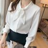 [SYitong] Women's Long-Sleeved Blouse, Stylish, White & Blue, Office Wear, Commuting, Relaxed Fit, Solid Color, Spring/Summer, Plus Sizes, Ribbon Blou