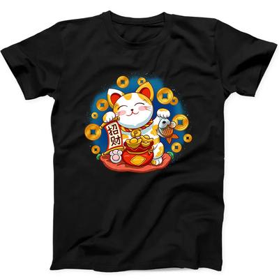 Maneki Neko Leende Ansikte Lyckokatt Rolig Present T-shirt Svart T-shirt 49