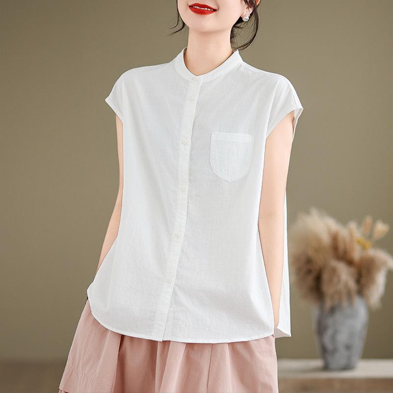 Pink cotton shirt women's new product in summer 2025 literary and simple round neck bag sleeve solid color cardigan top