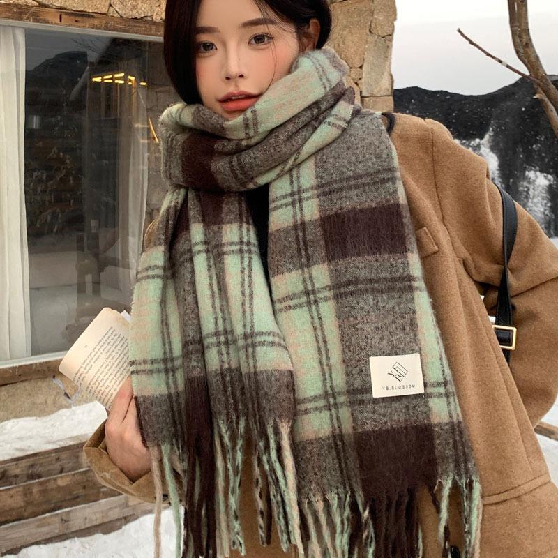 Mint green small fresh imitation cashmere scarf women's literary plaid versatile winter warm couple shawl