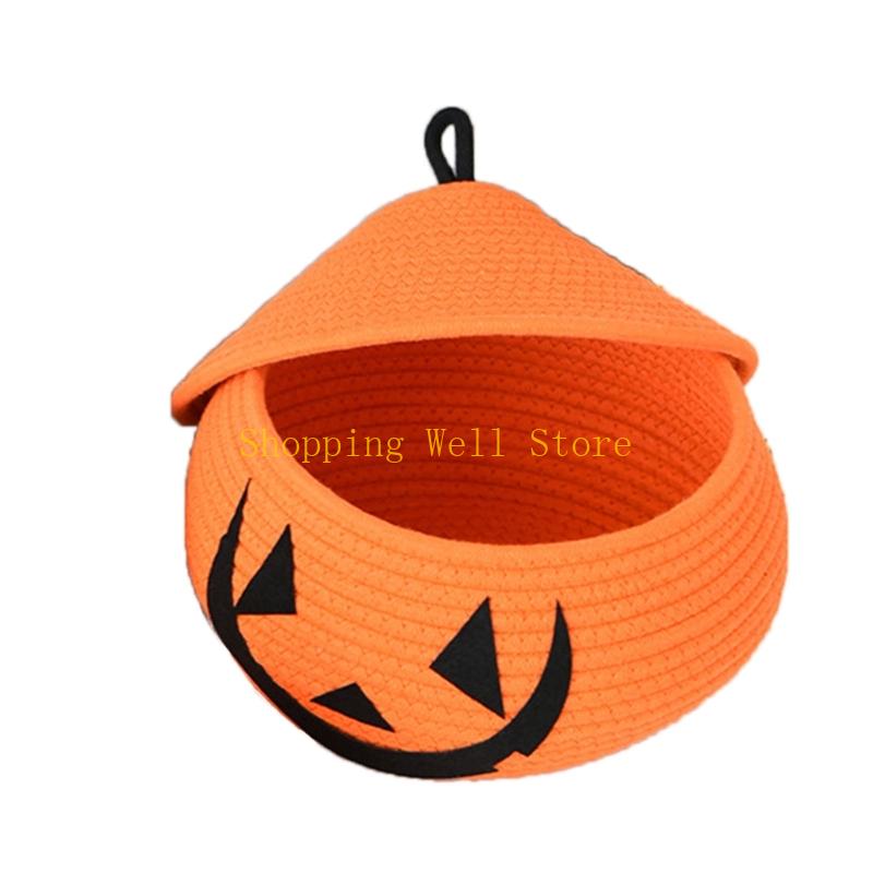 KX4B Festival Woven Cotton Storage Bin Lid Fall Decoration Pumpkin Design Organiser