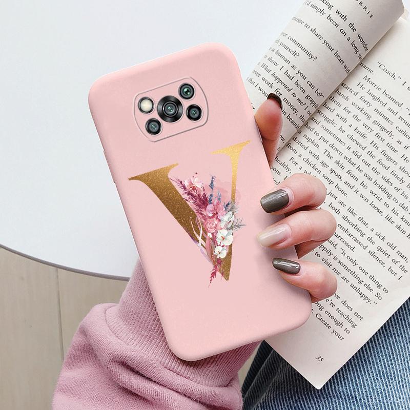 Letter Case For Poco X3 NFC PocoX3 Pro Back Cover Retro Flowers Pink Black Soft TPU Initial Fundas For Xiaomi Poco X 3 Pro Coque