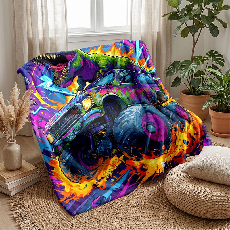 Dinosaur Monster Truck Adventure Blanket Personalized Name Flannel Blanket Soft Cozy Plush Throw for Sofa Bed Lightweight Home Decor