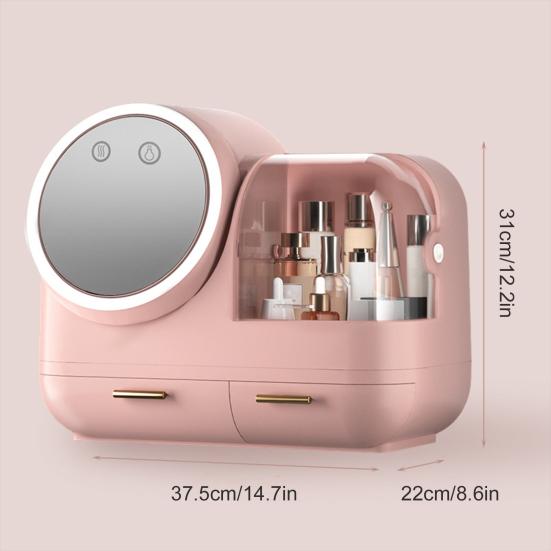 Dustproof Makeup Storage Box with LED Mirror Large Capacity Multiple Compartments Countertop Makeup Storage Organizer