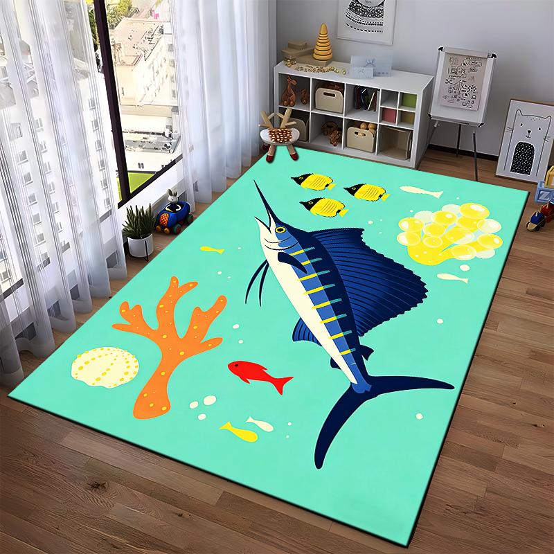 Tropical Ocean Theme Carpet with Marlin, Coral, and Yellow Fish Design Suitable for use as an anti-slip for living room bedroom sofas