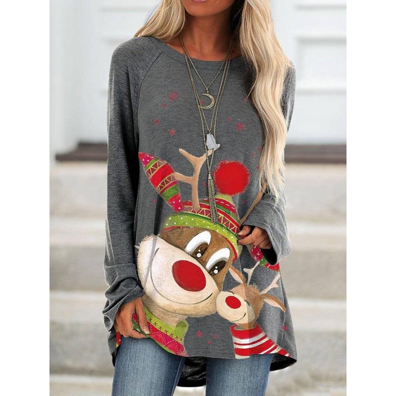 Christmas Gift 3D Printed Long Sleeved T-shirt for Women, Fashionable New Year Round Neck Top