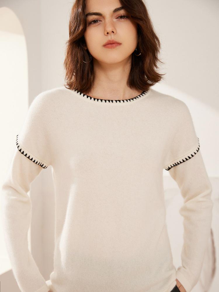 Autumn/Winter 100% Cashmere Versatile Clip-Edge Round Neck Sweater