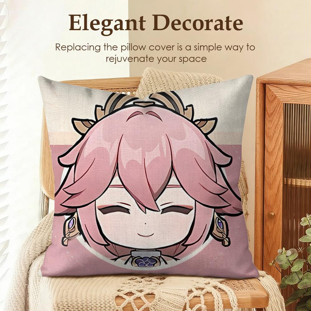 Yae Miko Cute Genshin Impact Cushion Cover Natural Linen Organic Fabric DoubleSided Printing Sofa Home Decor Gift Pillow Case