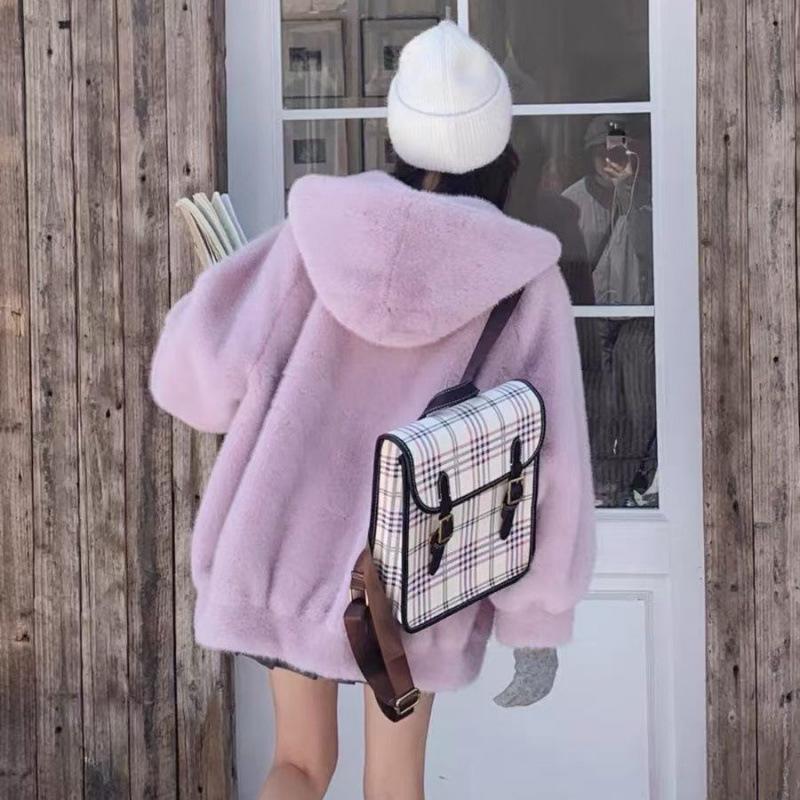 Pink hooded lamb fur integrated cotton clothing women's winter clothing small man thickened imitation mink fur jacket