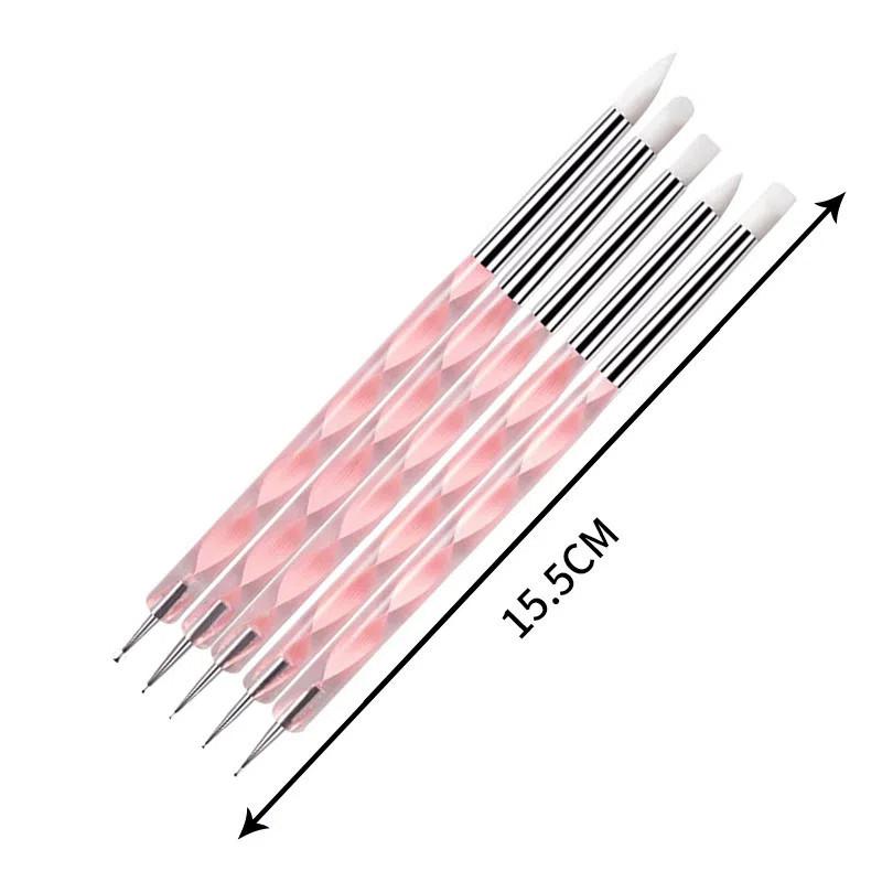 5 Buc pensule siliconice cu 2 capete pentru unghii acrilice, cu vârfuri pentru sculptură și punctare, pentru gel UV, pixuri de punctare din oțel inoxidabil, instrumente de pictură