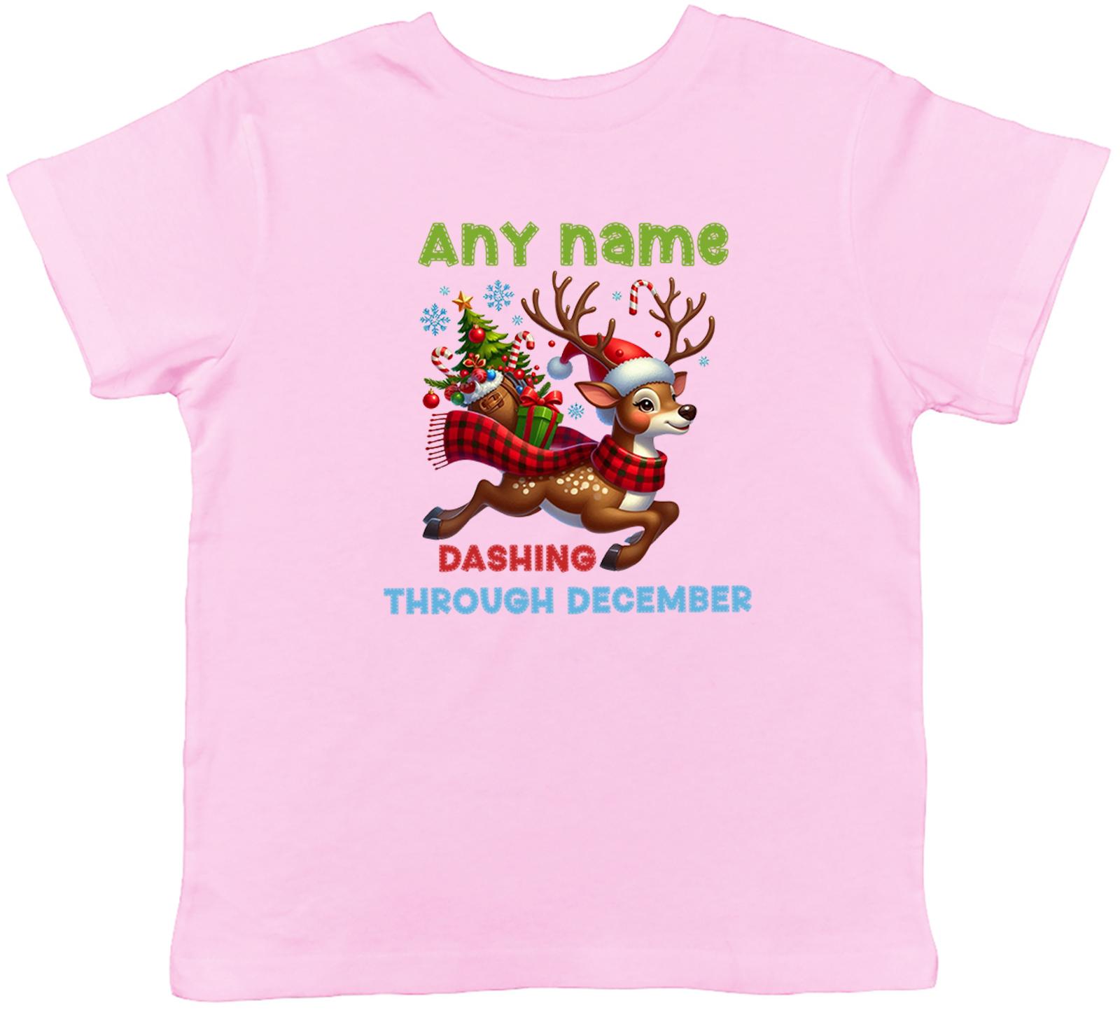 Personalised Dashing Through December Reindeer Kids T-Shirt Boys Girls Gift 100