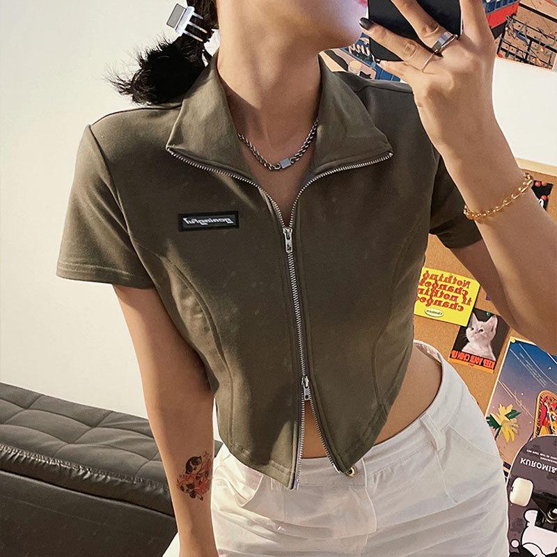 Women's Summer High Street Hot Girl Polo Crop Top - Zippered Short Sleeve Shirt