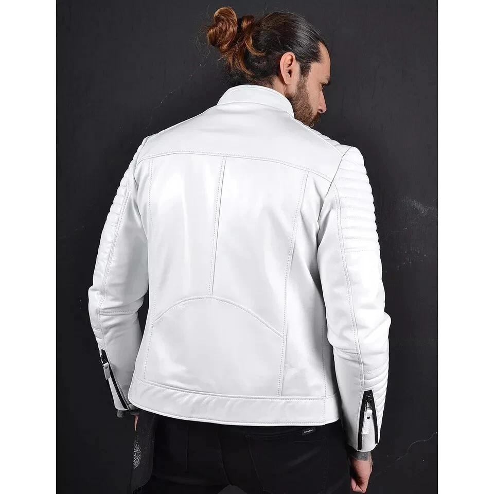 White Jacket Lambskin Biker Motorcycle Leather Handmade Genuine Men's Stylish