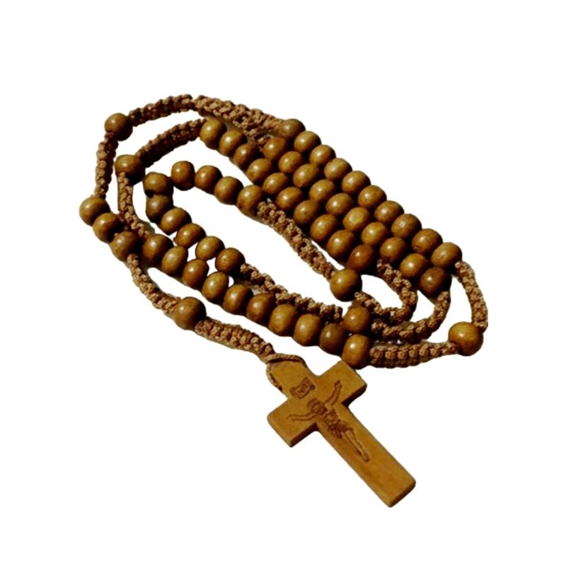 Wood Beads Cross Rosary Necklace Hangable Pendant Crafts Long Bead Chain for Christmas Party Church Decorations