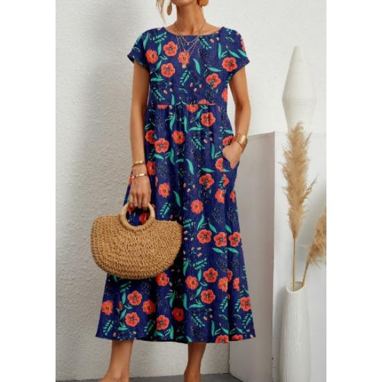 IHUASU Fashion Women's Loose Cotton Linen Sleeveless Crew Neck Print Summer Dress