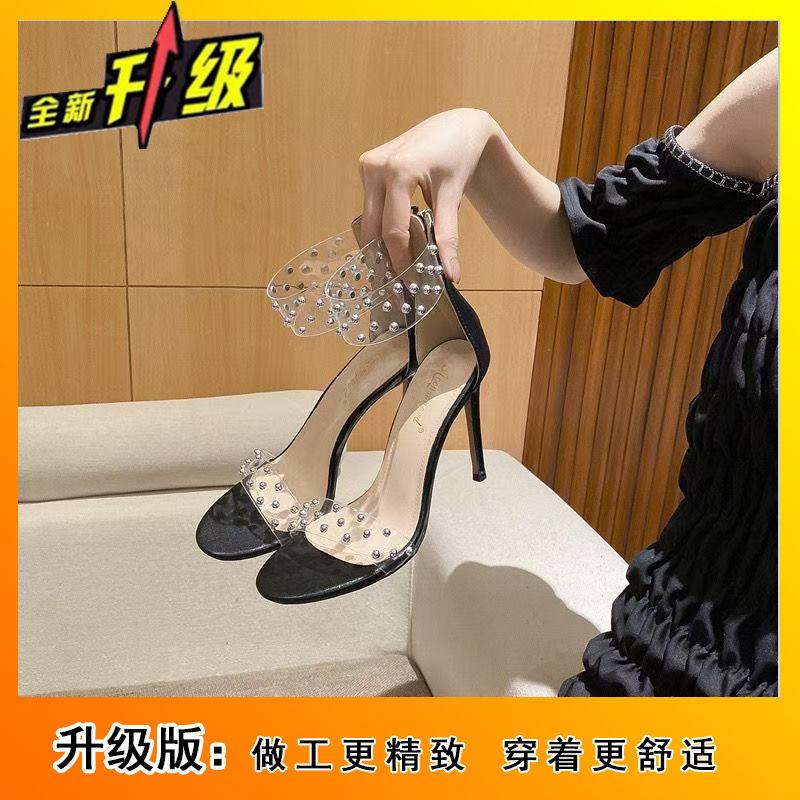 Summer 2025 New Pearl One-word Transparent Strap Stiletto Sandals Celebrity Pearl Open-toe Buckle Strap Temperament High Heels