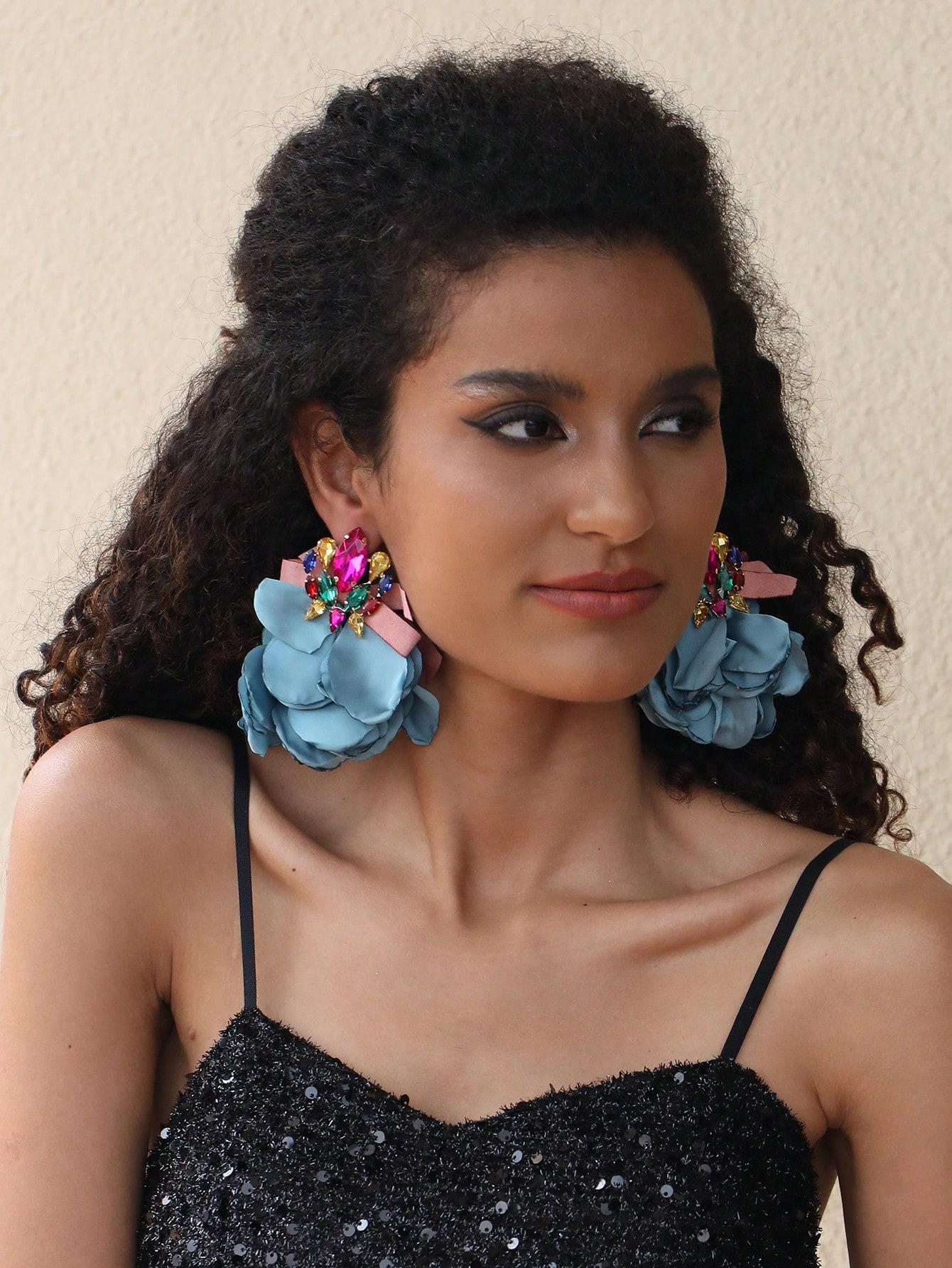 

1 пара вечерних сережек-цветков со стразами, подходящих для женских вечеринок и повседневной носки синий