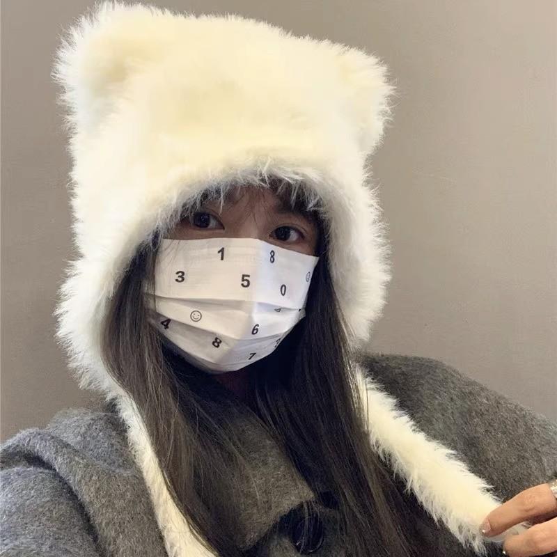 Herbst und Winter Weicher Plüsch Niedliche Katzenohren Süßer Pullover Damenhüte Koreanische Beiläufige Einkaufsmütze mit Ohrenschutz