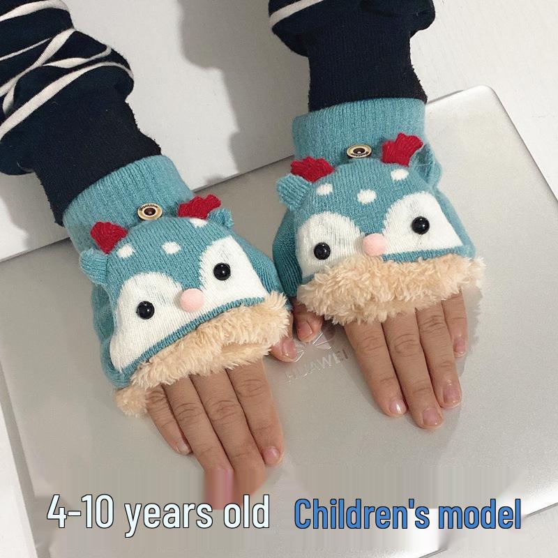 Children's Winter Cartoon Reindeer Flip-Top Half-Finger Gloves, Ages 4-10, Boys & Girls, Plus Velvet, Thick Cotton, Warm.