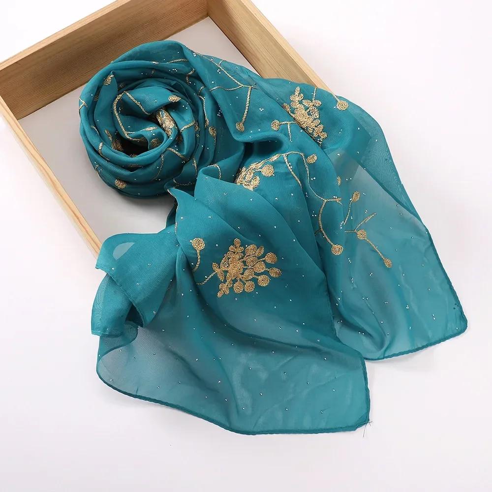 New Embroidered Diamond Chiffon Hijab Scarf Women Luxury Soft Plain Shawl For Women Muslim Hijabs For Women Turban Femme Bandana