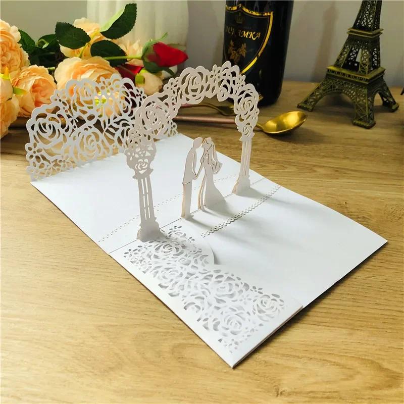 

1PC 3D Bride and Groom Rose Gold Pop Up Wedding Invitations Laser Cut Greeting Cards Envelope Bridal Shower Invitation Cards белый
