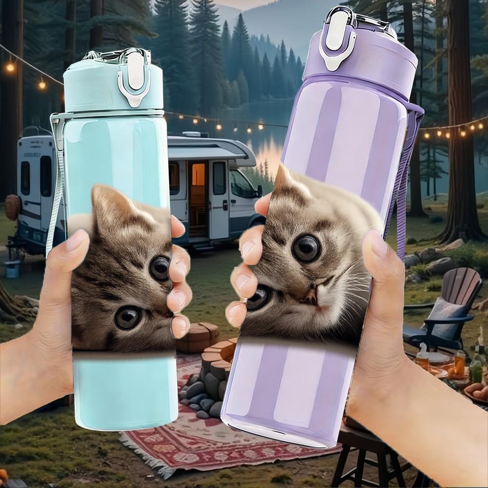 1PC Tiny Kitten Lying Pose 750ml Color Plastic Sports Water Bottle Leakproof Flip Straw Lid Suitable for Sports Office Home Use