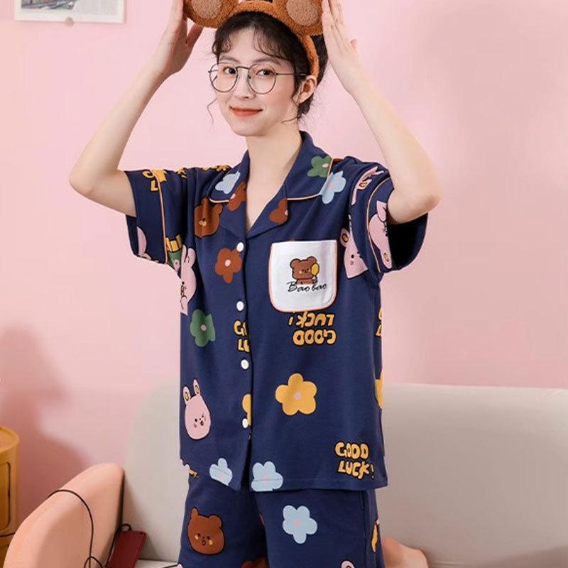 Pajamas Women's Summer Mori Fresh Flower Imitation Cotton Cardigan Short Sleeve Trousers Loungewear Large Size Casual Ladies Suit