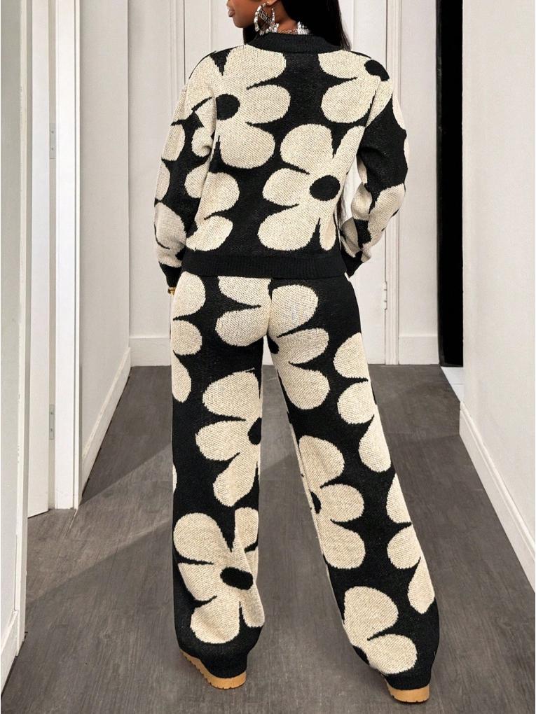 Women's Fall/Winter Floral Knit Jacquard Sweater Set: Long Sleeve Top & Pants
