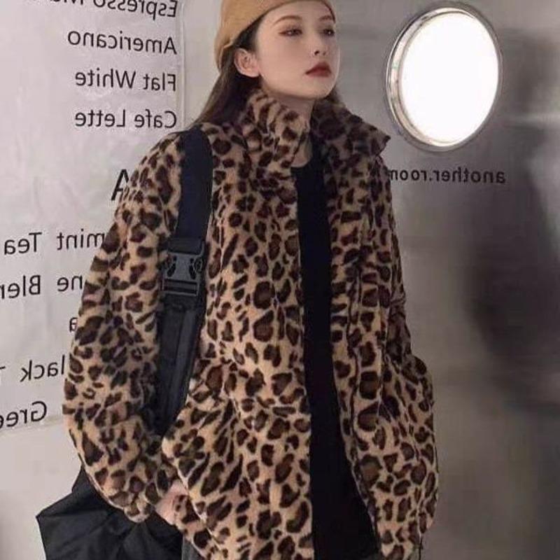 Leopard print fur jacket men's and women's clothing couple winter coat loose jacket imitation rabbit fur plush cotton coat thickened large size