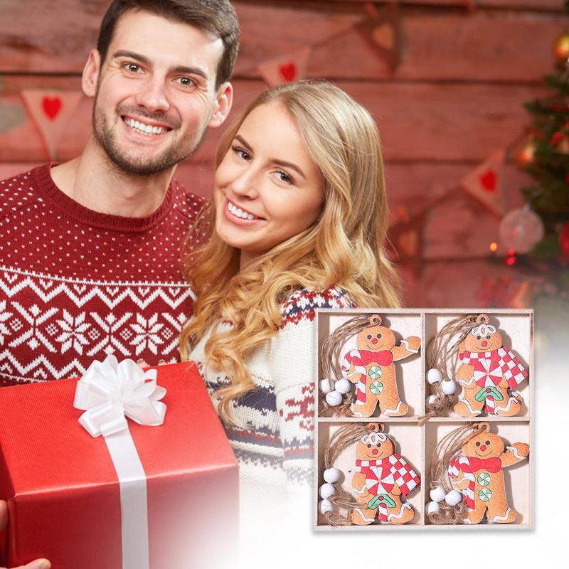 Christmas Gingerbread Wood Ornaments 12X Christmas Tree Pendant Wooden Gingerbread Man Seasonal 4 Patterns Gingerbread Man With