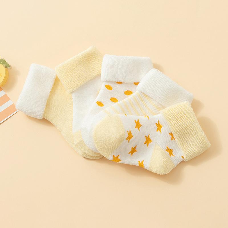 5Pair Newborn Baby Socks Winter Fleece Lined Thickened Sole Soft Cotton Loose Cuff Infant Floor Grip Socks for Crawling Comfortable Warm Footwear