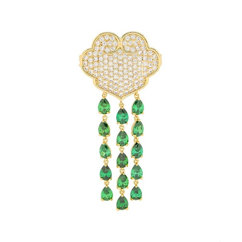 Light Luxury Emerald Brooch, High-End Female Auspicious Cloud Fringed Brooch, High-End Large Pin, Sweater, Suit Decoration Gift