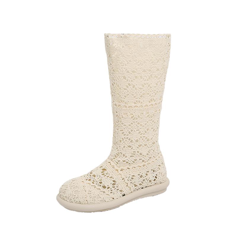 

Мода Мода Сетка Высокие Холодные Сапоги Женские Летние Круглый Носок Боковая Молния Тонкий Вырез Хлопково-Льняной Стиль Сапоги на Низком Каблуке 40