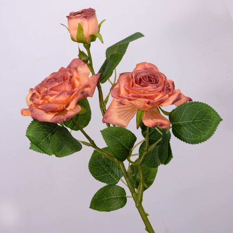 Simulated flowers with 3 heads of burnt roses, home decor, wedding photography props, vintage autumn colors, multi headed fake flowers