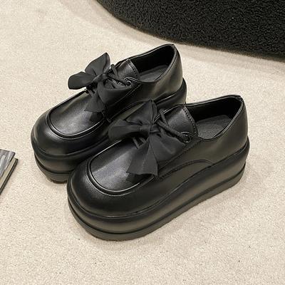 British Style Platform Small Leather Shoes for Womens Spring Autumn New Butterfly-knot 7Cm Thick Soled Loafers Comfort Shoe