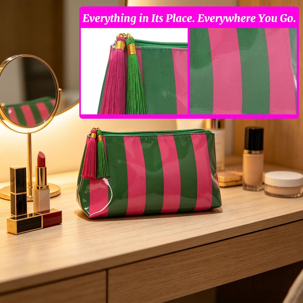 PVC Striped Cosmetic Bag Tassel Zipper Makeup Storage Pouch Waterproof Travel Toiletry Organizer Bag