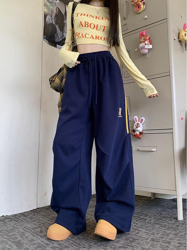 Women's Navy Three-Stripe Wide-Leg Track Pants - Spring/Autumn Casual Loose Fit