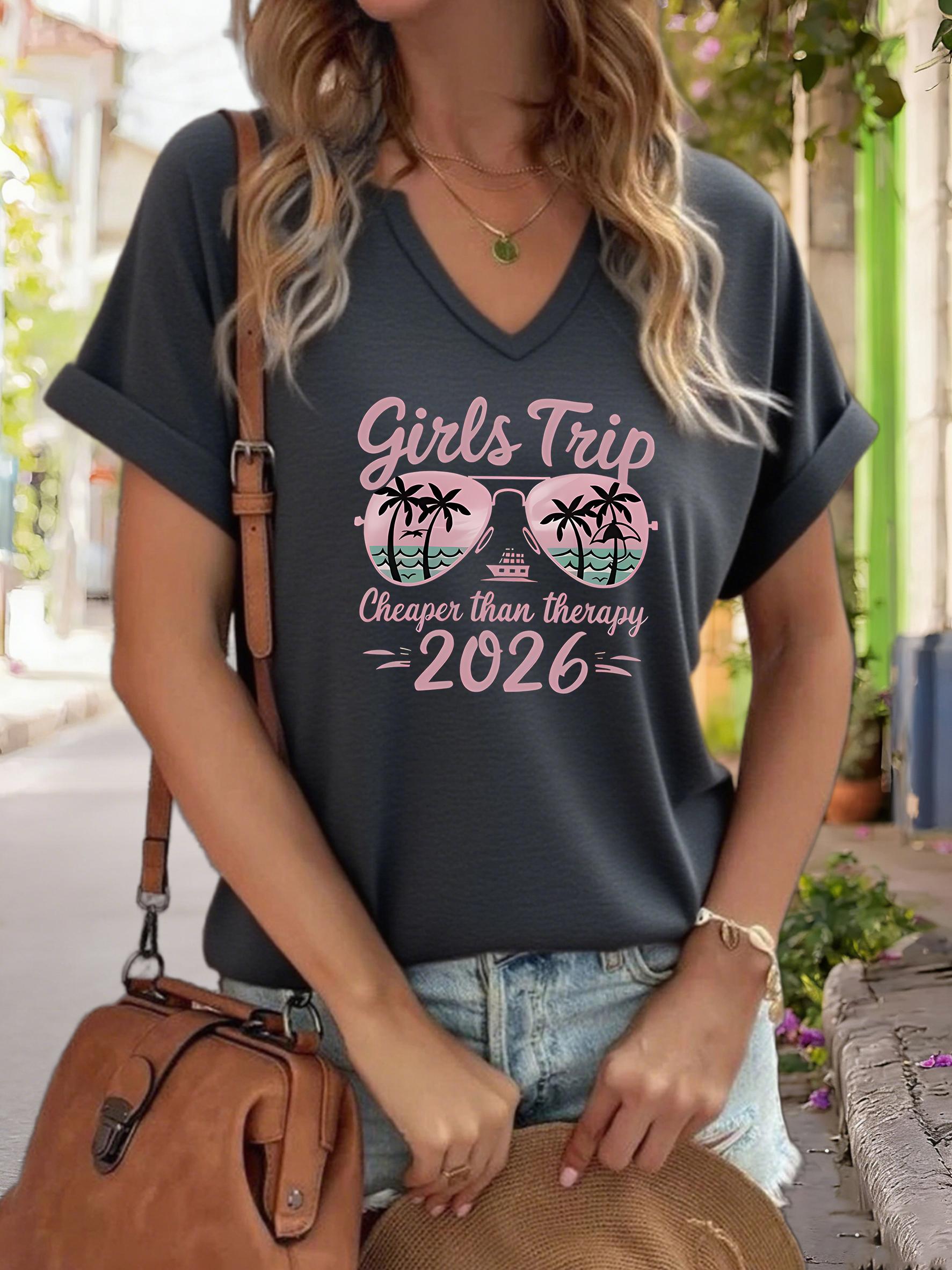 Women s V-Neck  Girls Trip 2026  Graphic Tee, Cheaper Than Therapy Print T-Shirt, Casual Loose Short Sleeve Vacation Fashion Top XL