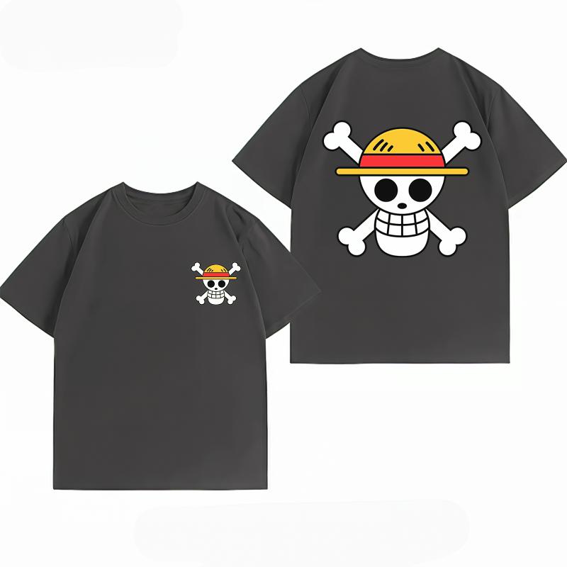 Bandai One Piece Luffy Straw Hat Pirate Flag Print T-shirt Casual Short Sleeve Cotton Anime Streetwear Men's T-shirt